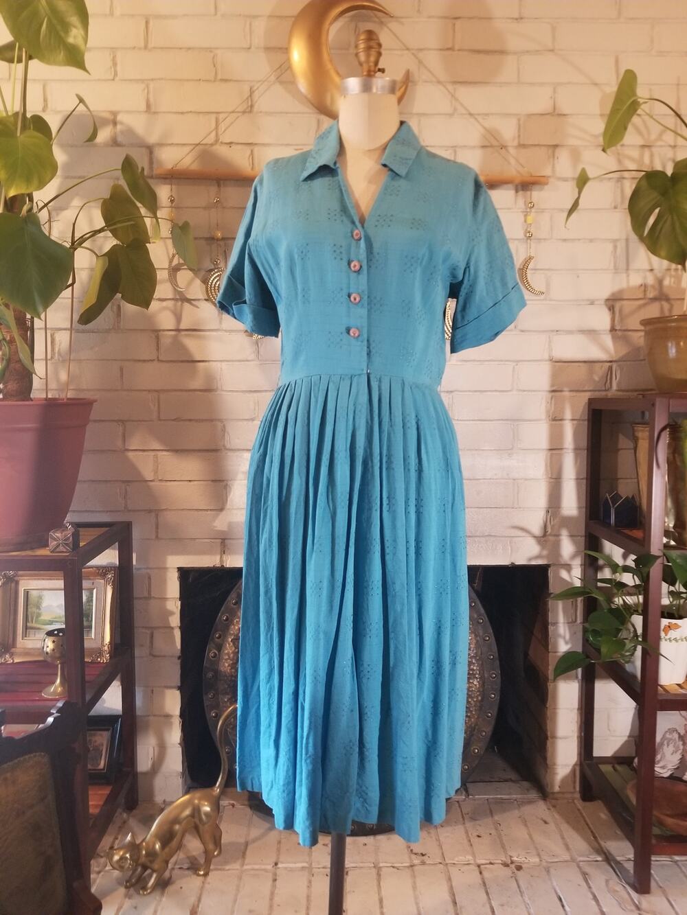 Vintage 1950s Teal Turquoise Shirtwaist Dress Lucite Rhinestone Buttons Medium